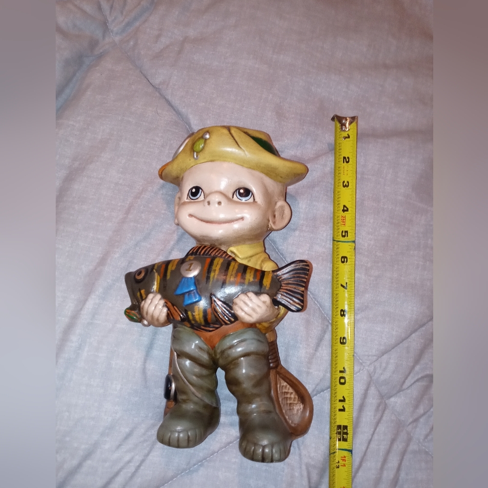 Vintage Ceramic Mold Fisherman Boy Prize Fish Figurine 11" Vintage 1977's